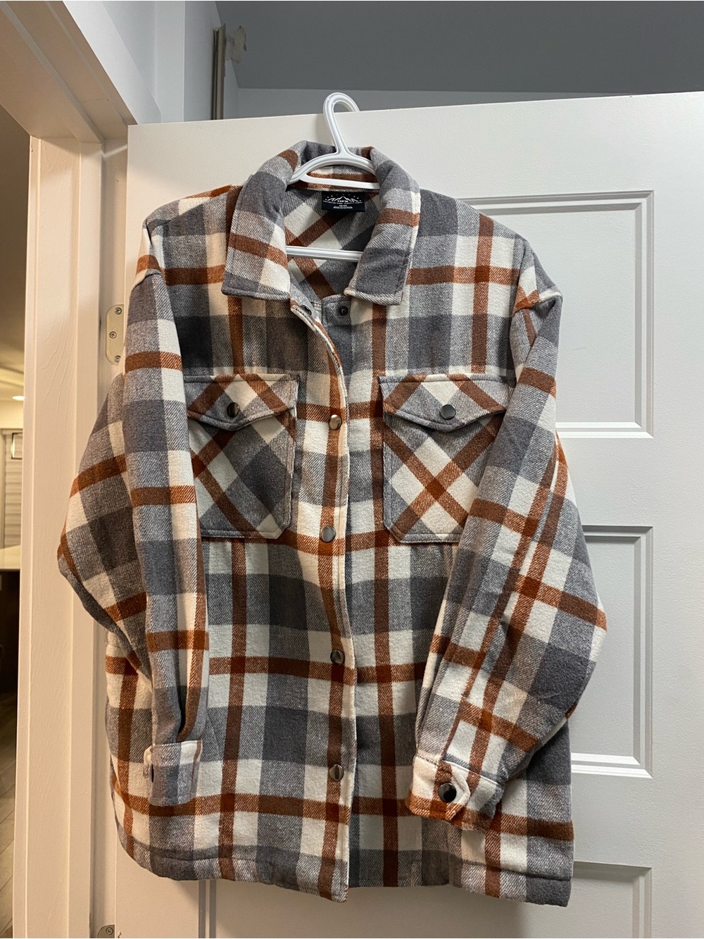 Plaid Utility Shacket Jacket - Gray, White & Brown